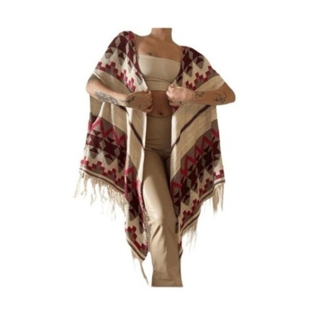 American Rag Entry Cie Boho Print Poncho Sweater Cream Red Chunky Knit Fringe